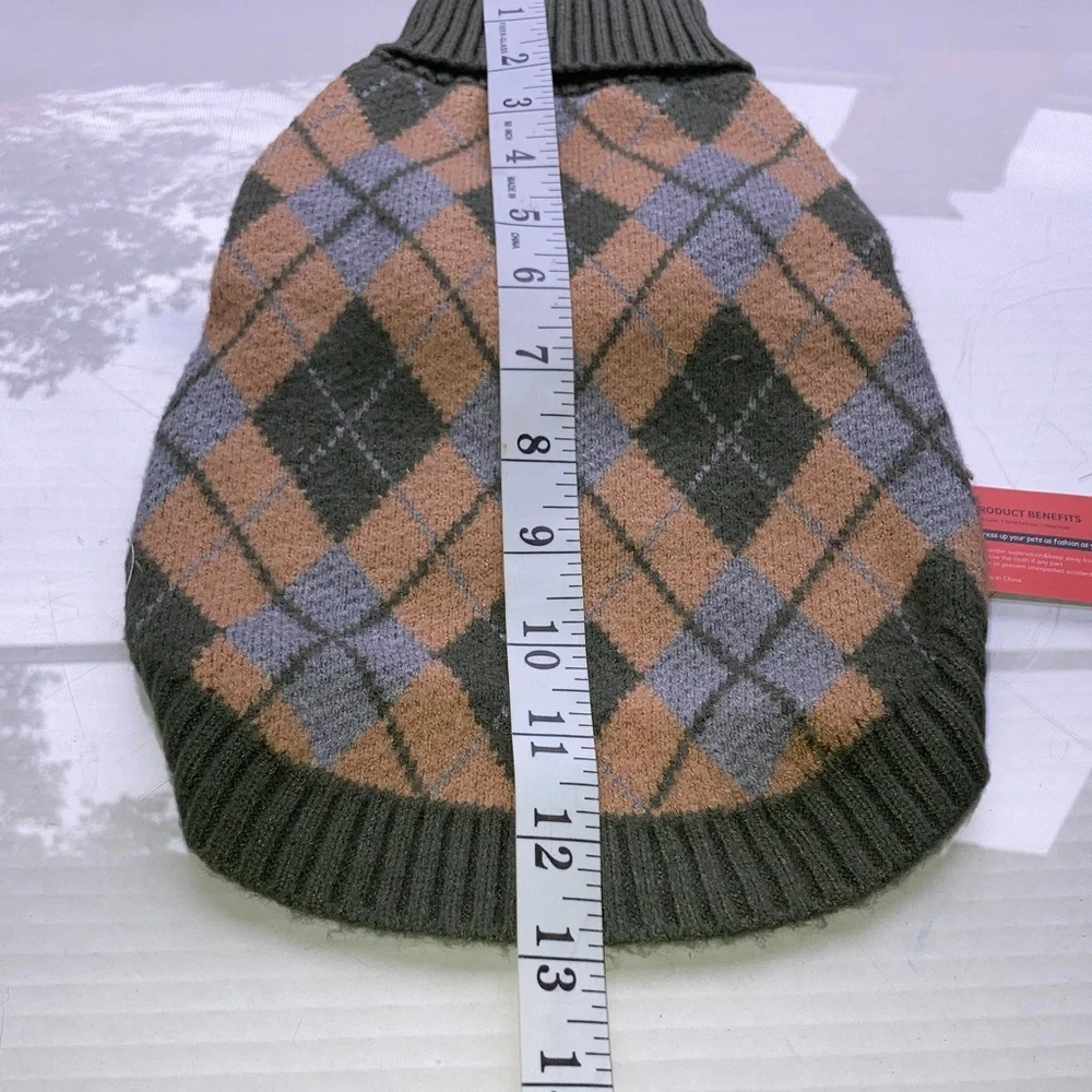 Dog Sweater Argyle Diamond Plaid Turtleneck Green Blue Tan Small Dogs 13 x 8 in